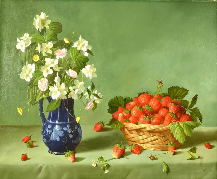 Still life painting with a blue vase of white flowers and a woven basket of strawberries.
